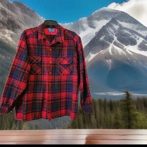 Vintage 60's Pendleton Red Plaid Wool Board Shirt XL Made In USA Loop Collar